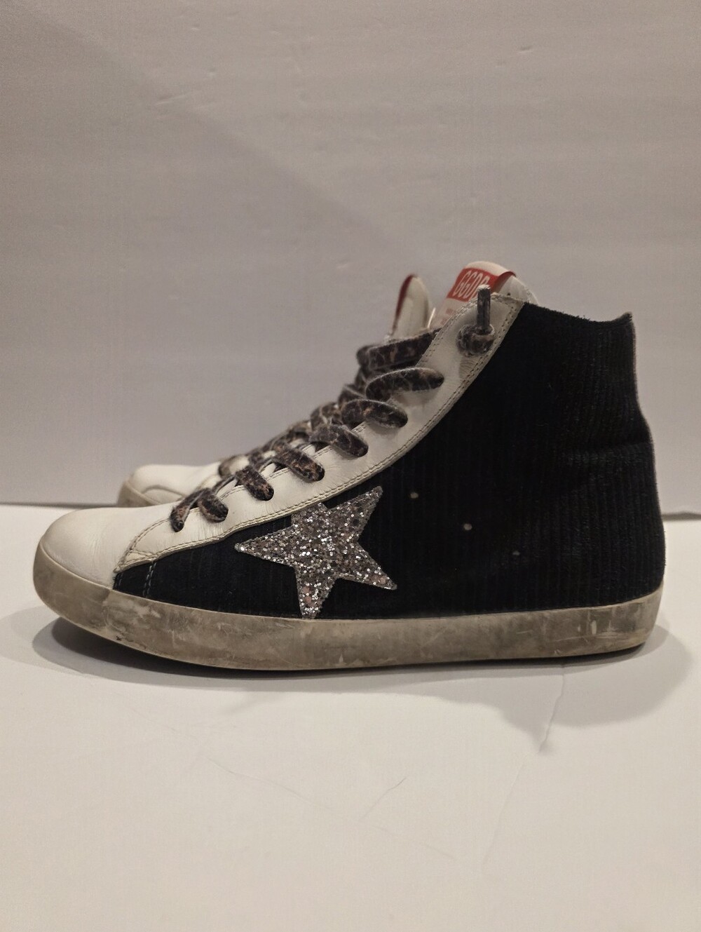 Golden Goose Men's Black High-Top Sneaker with Silver Glitter Star Size 40